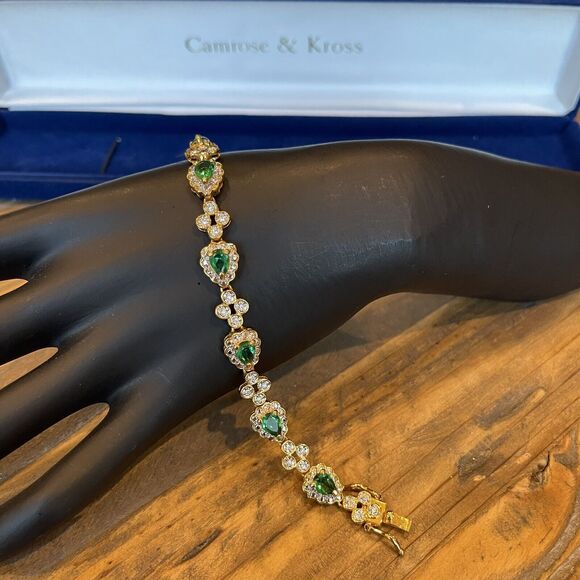 Jacqueline Kennedy Camrose & Kross JBK Gold Tone & Faux Emerald Bracelet 8” Box - Picture 4 of 11